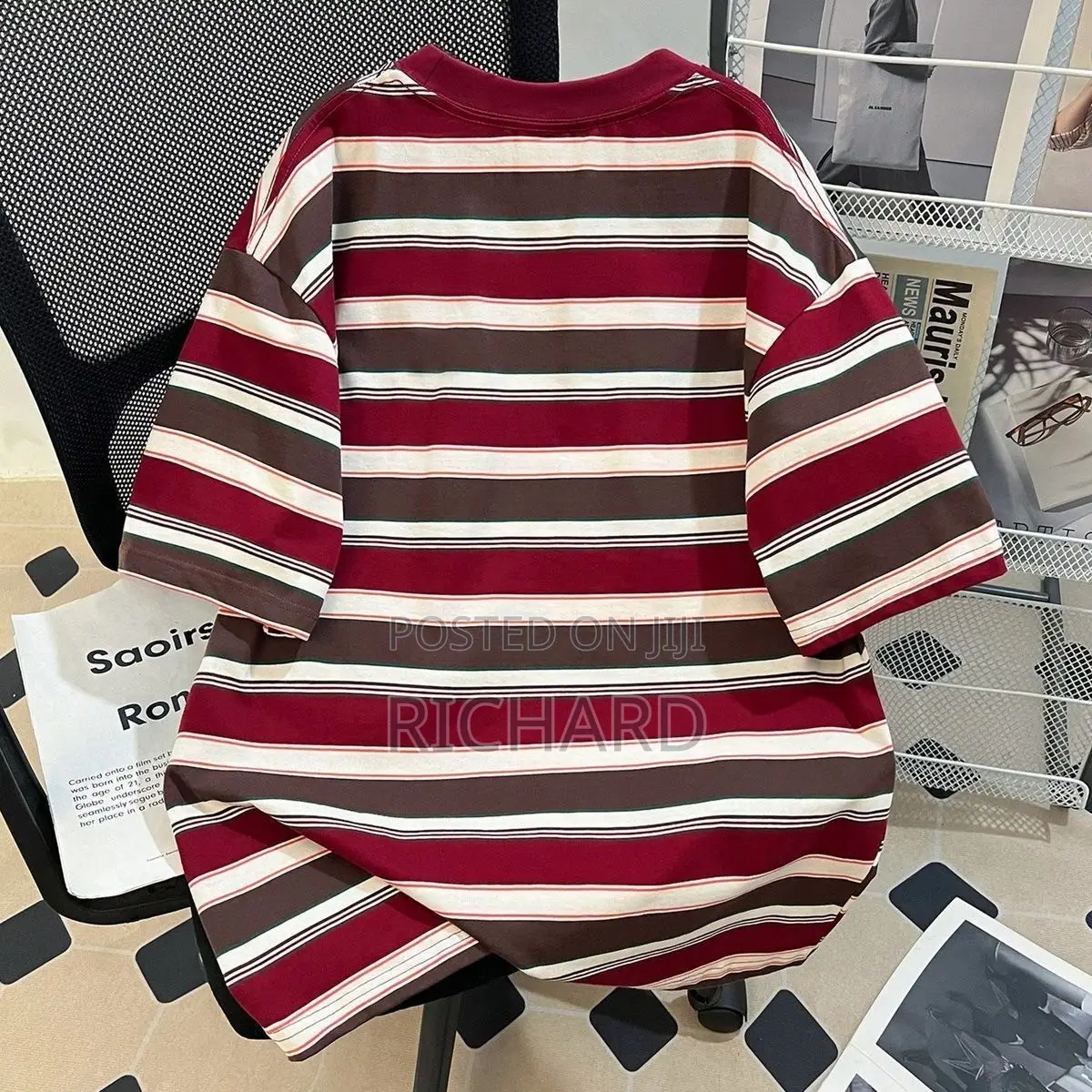 Oversized Retro Striped Crewneck T-Shirt in Burgundy Brown