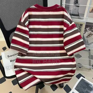 Oversized Retro Striped Crewneck T-Shirt in Burgundy Brown