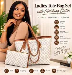 Elegant Ladies Designer Tote Bag With Matching Clutch – Brown Cream