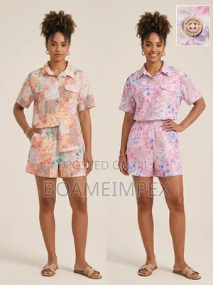 Women’s 2-Piece Floral Shirt Shorts Set – Multi-Color Pastel Pink