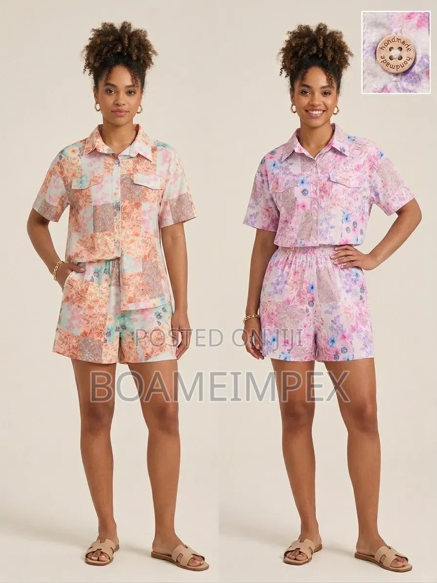 Women’s 2-Piece Floral Shirt Shorts Set – Multi-Color Pastel Pink