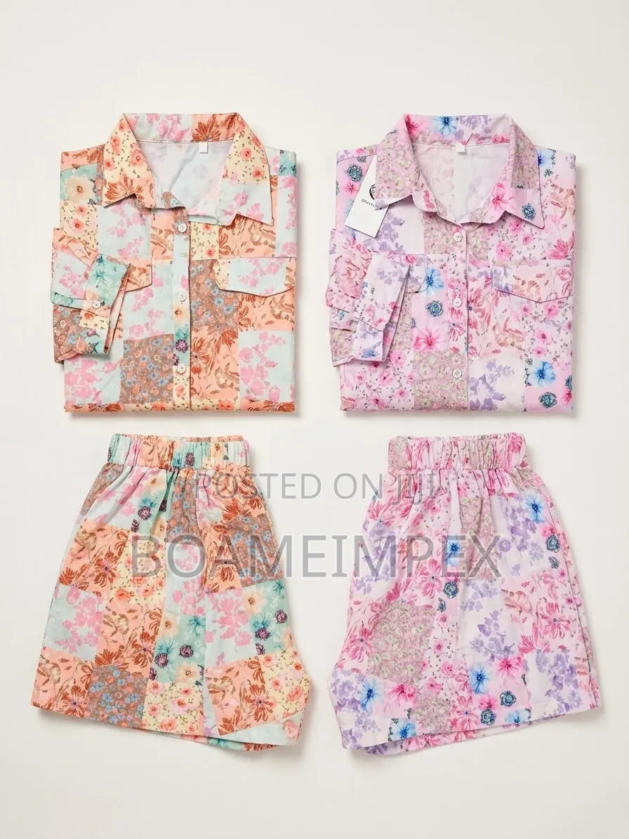 Women’s 2-Piece Floral Shirt Shorts Set – Multi-Color Pastel Pink
