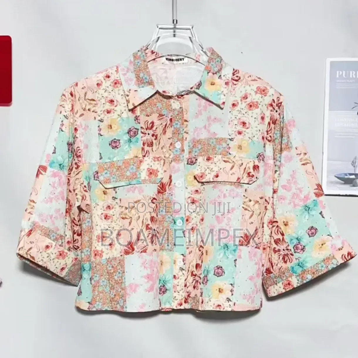 Women’s 2-Piece Floral Shirt Shorts Set – Multi-Color Pastel Pink