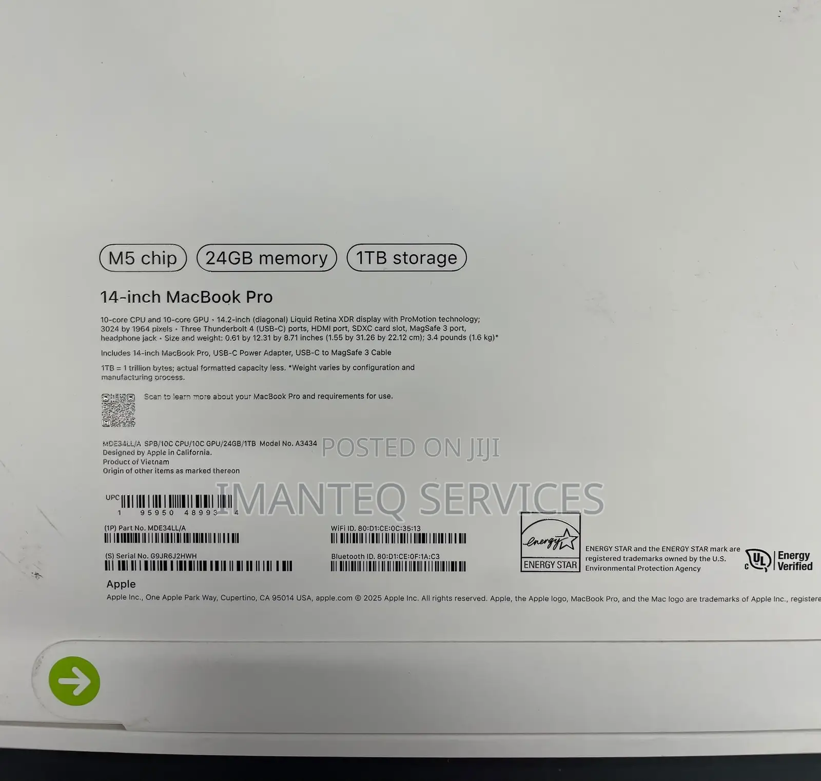 New Laptop Apple MacBook Pro 2025 M5 24GB Apple M5 SSD 1T