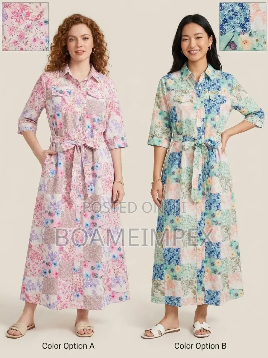 Women’s Floral Button-Down Shirt Dress With Waist Tie Pink/Blue/Green