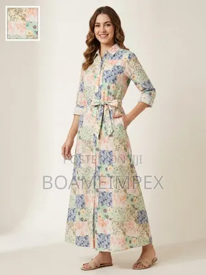 Women’s Floral Button-Down Shirt Dress With Waist Tie Pink/Blue/Green