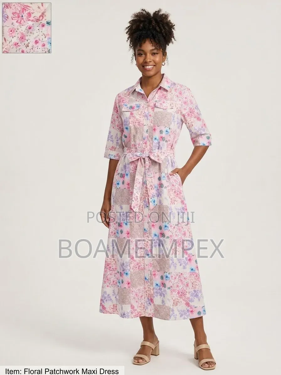 Women’s Floral Button-Down Shirt Dress With Waist Tie Pink/Blue/Green