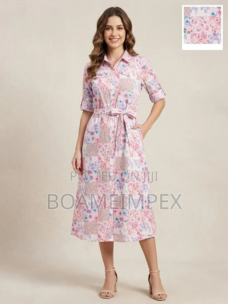 Women’s Floral Button-Down Shirt Dress With Waist Tie Pink/Blue/Green