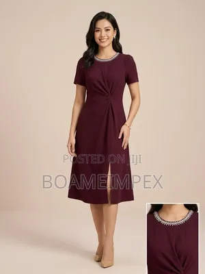 Women’s Neckline Twist-Front Midi Dress – Elegant Plum / Wine Red