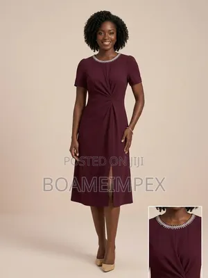 Women’s Neckline Twist-Front Midi Dress – Elegant Plum / Wine Red