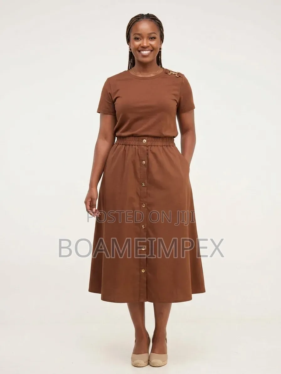 Women’s 2Piece Top Button-Front Skirt– Brown/Cream/Black/Green