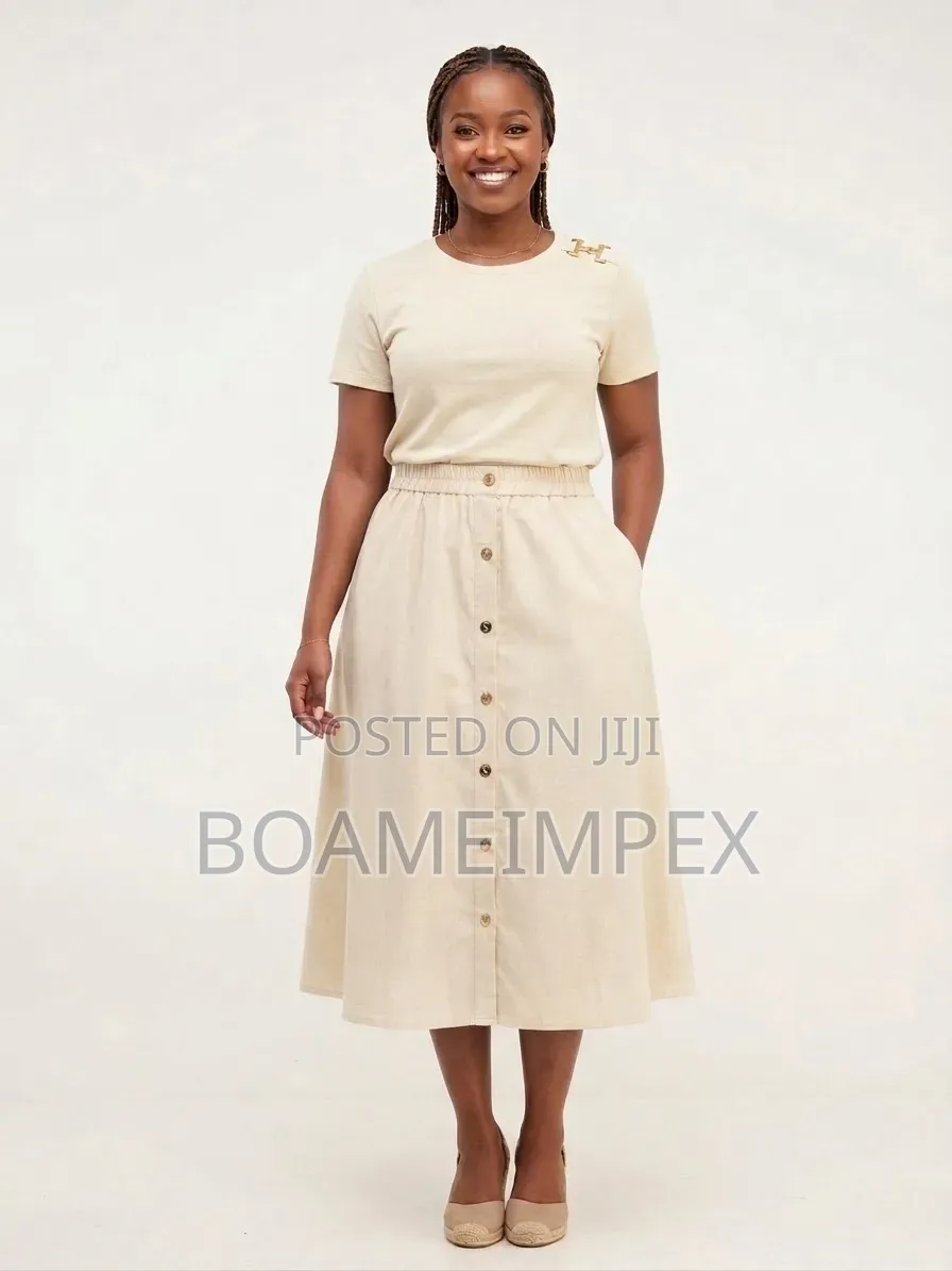 Women’s 2Piece Top Button-Front Skirt– Brown/Cream/Black/Green