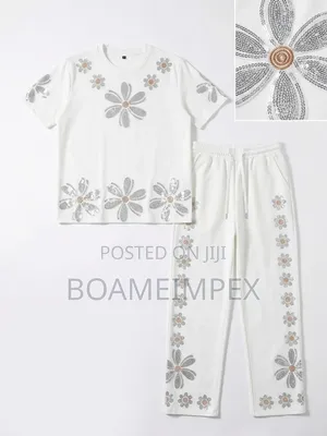 Women’s 2-Piece Sequin Flower T-Shirt Wide-Leg Pant White/Black/Orange