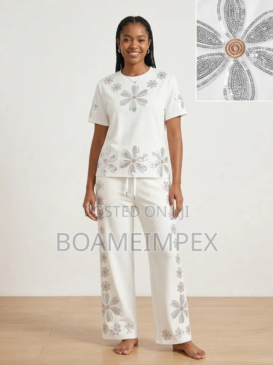 Women’s 2-Piece Sequin Flower T-Shirt Wide-Leg Pant White/Black/Orange