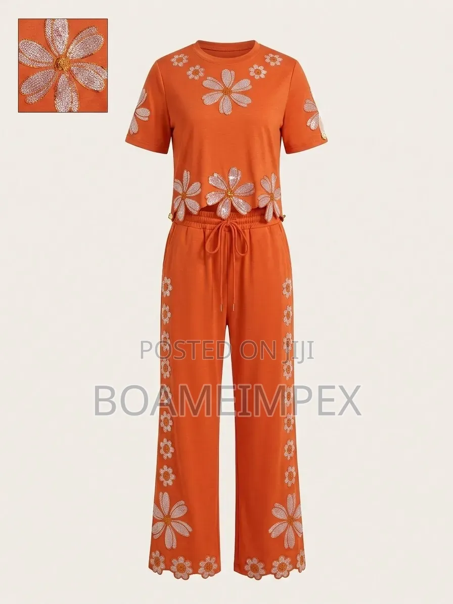 Women’s 2-Piece Sequin Flower T-Shirt Wide-Leg Pant White/Black/Orange