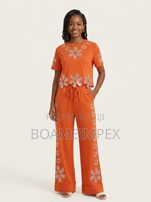 Women’s 2-Piece Sequin Flower T-Shirt Wide-Leg Pant White/Black/Orange