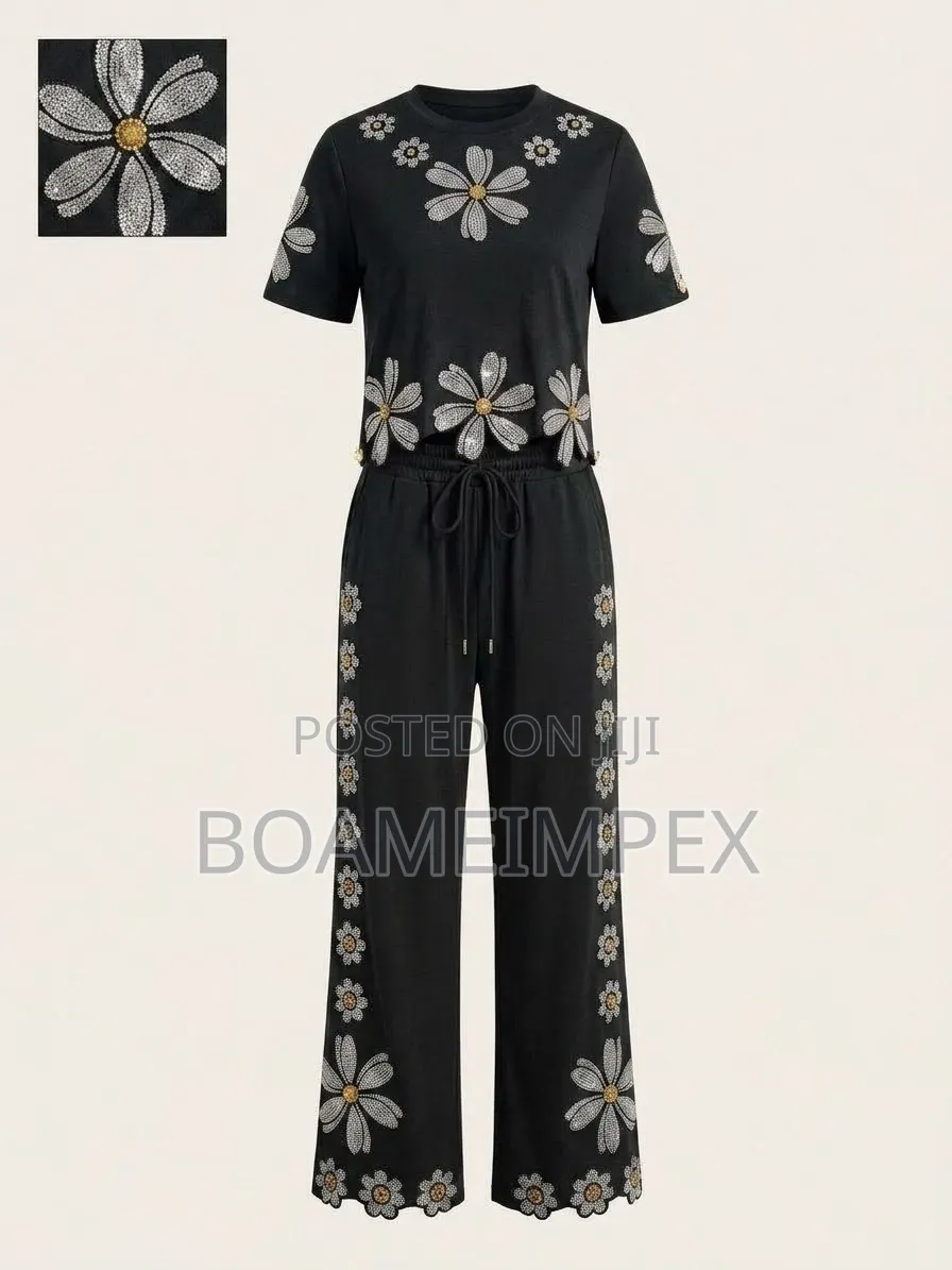 Women’s 2-Piece Sequin Flower T-Shirt Wide-Leg Pant White/Black/Orange