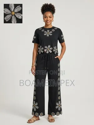 Women’s 2-Piece Sequin Flower T-Shirt Wide-Leg Pant White/Black/Orange