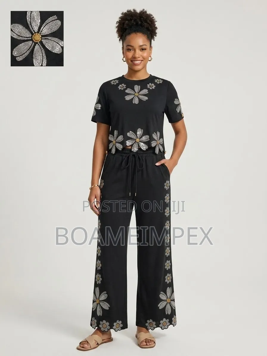 Women’s 2-Piece Sequin Flower T-Shirt Wide-Leg Pant White/Black/Orange