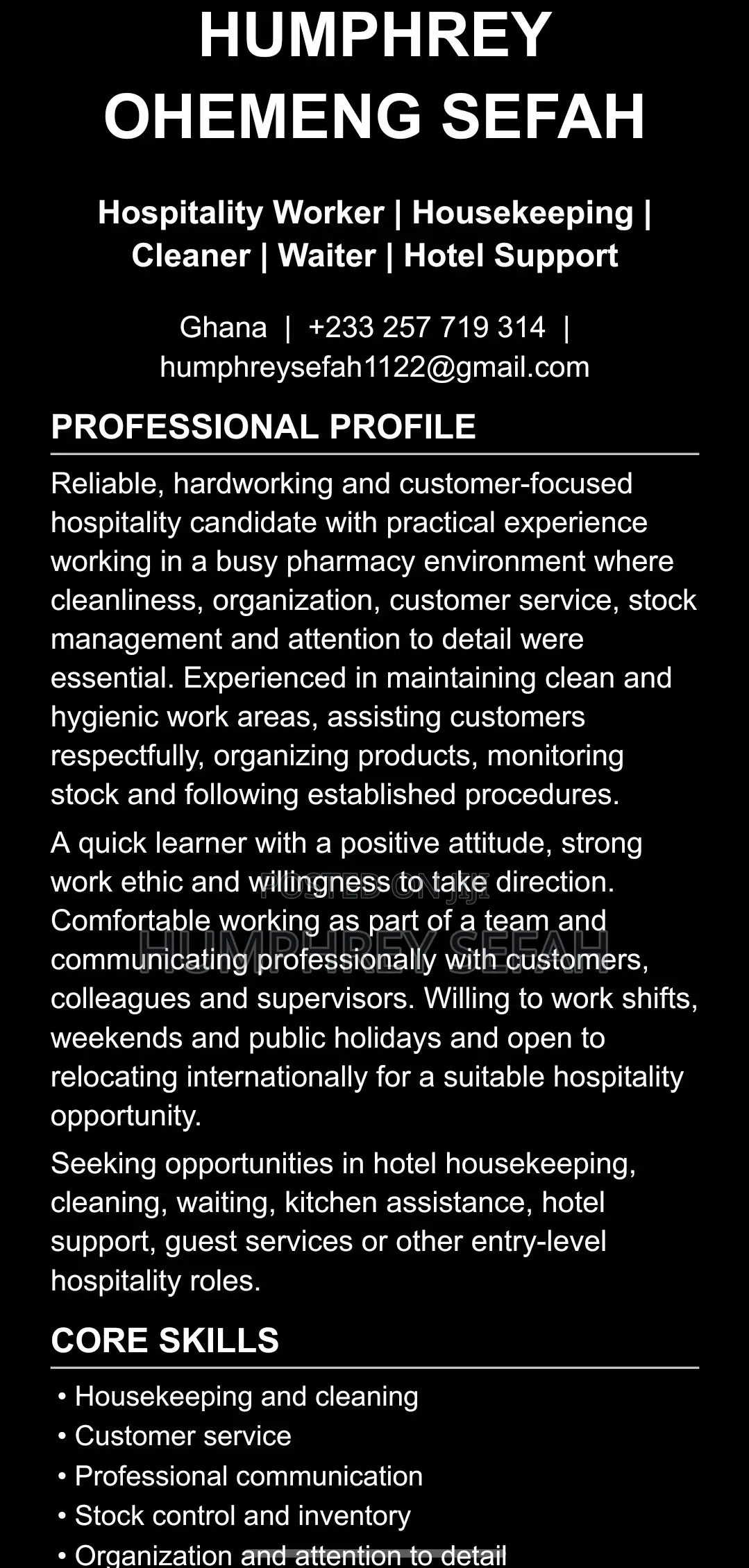 Hotel Receptionist, Hospitality CV