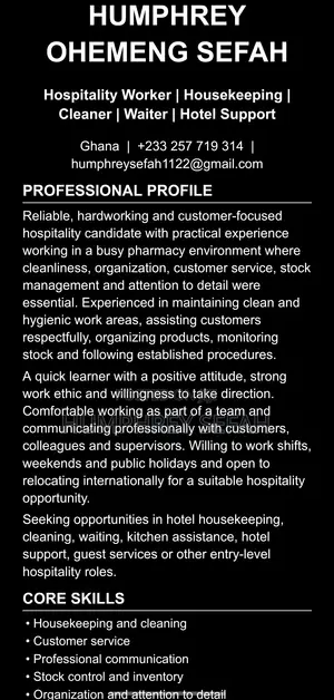 Hotel Receptionist, Hospitality CV