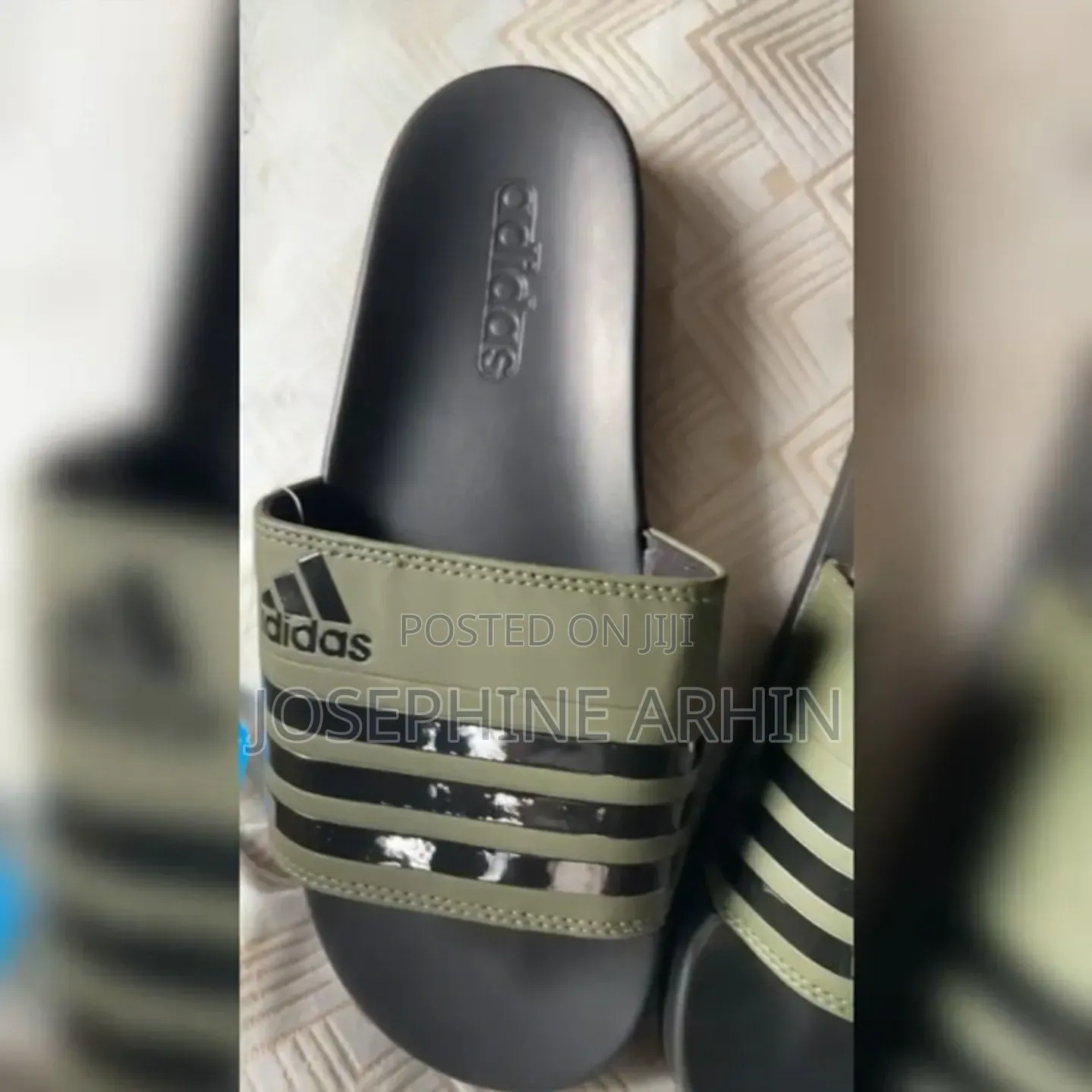 Adidas Comfort Slides - Olive Green With Black 3 - Stripes - Size 41