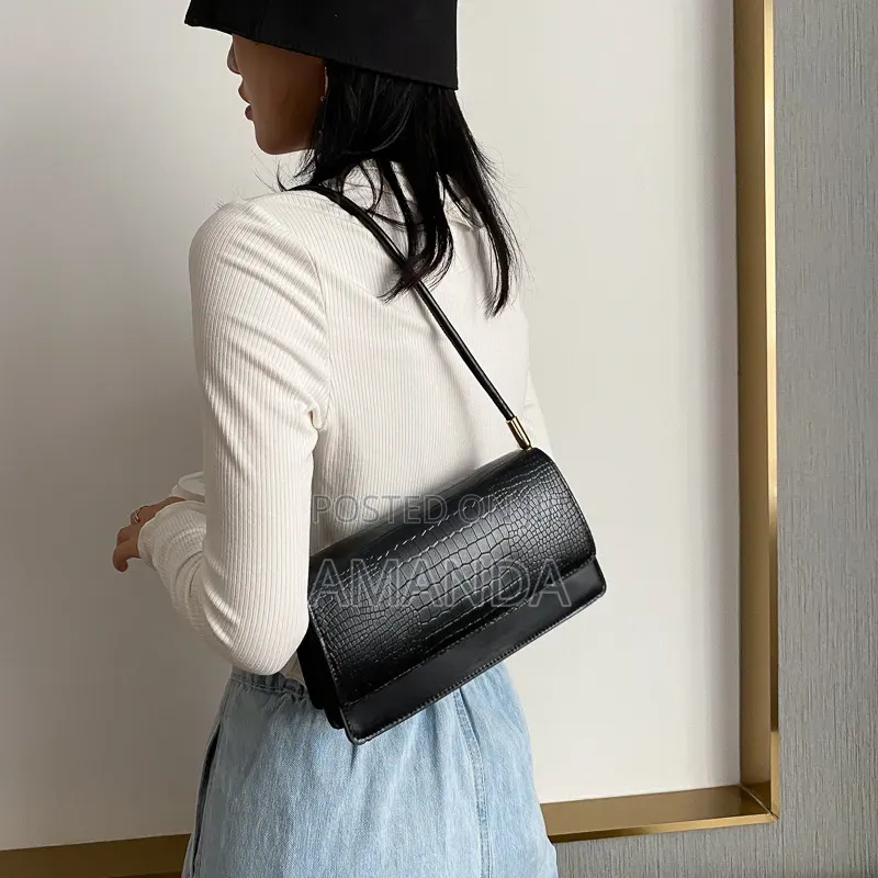 Crocodile-Embossed Flap Baguette Shoulder Bag