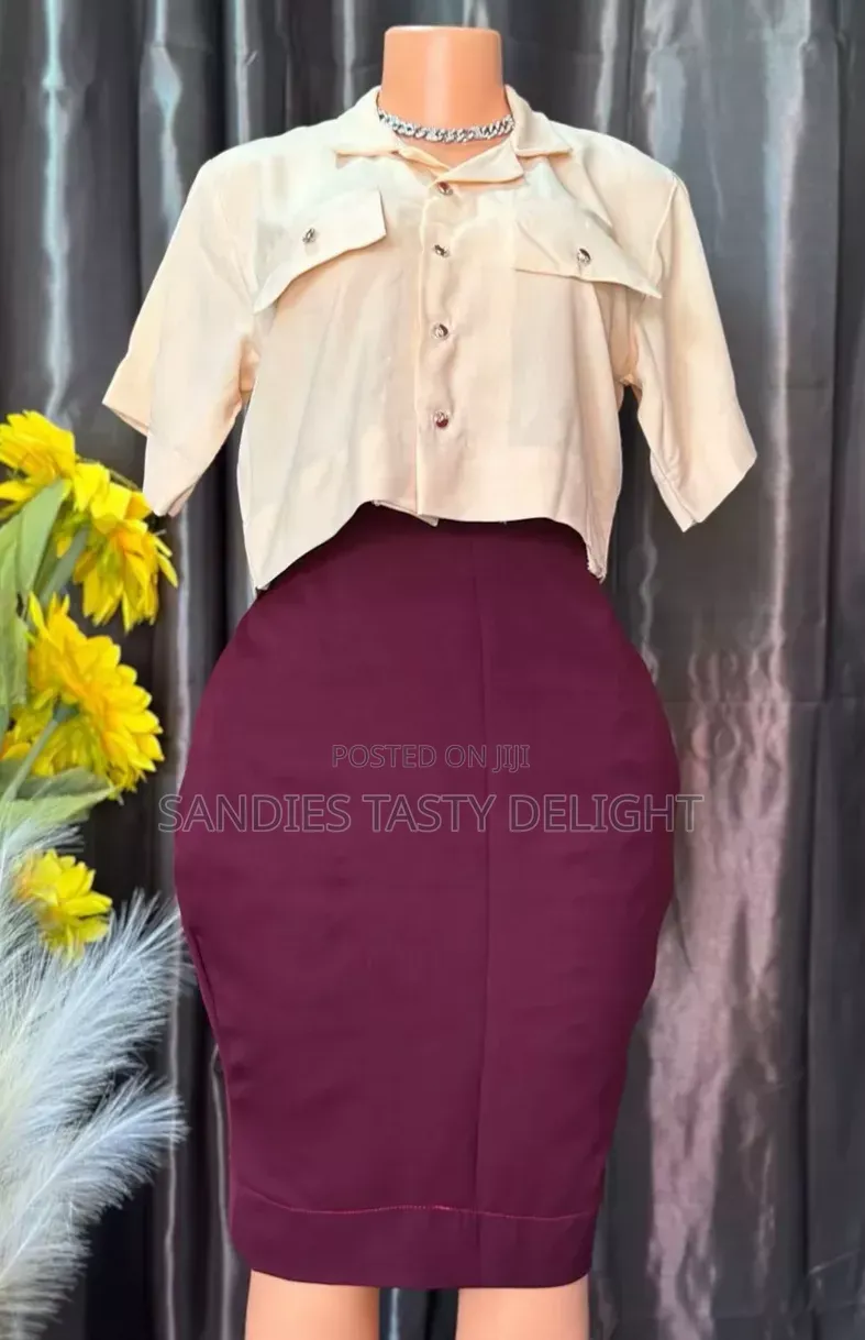 Beige Crop Shirt Burgundy Pencil Skirt