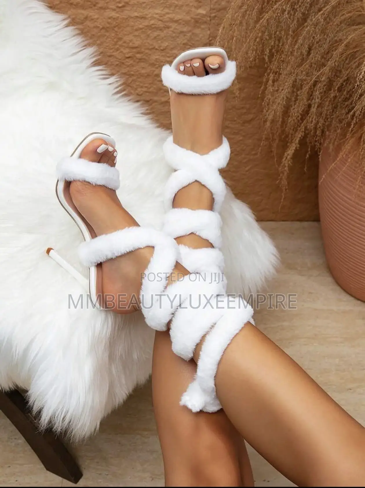 Furry Lace-Up White High Heel Shoes, Square Toe Thin Heel Nightclub