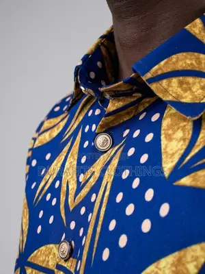 Men's Blue Gold African Print Short Sleeve Shirt - Batik Leaf