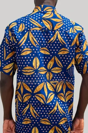 Men's Blue Gold African Print Short Sleeve Shirt - Batik Leaf