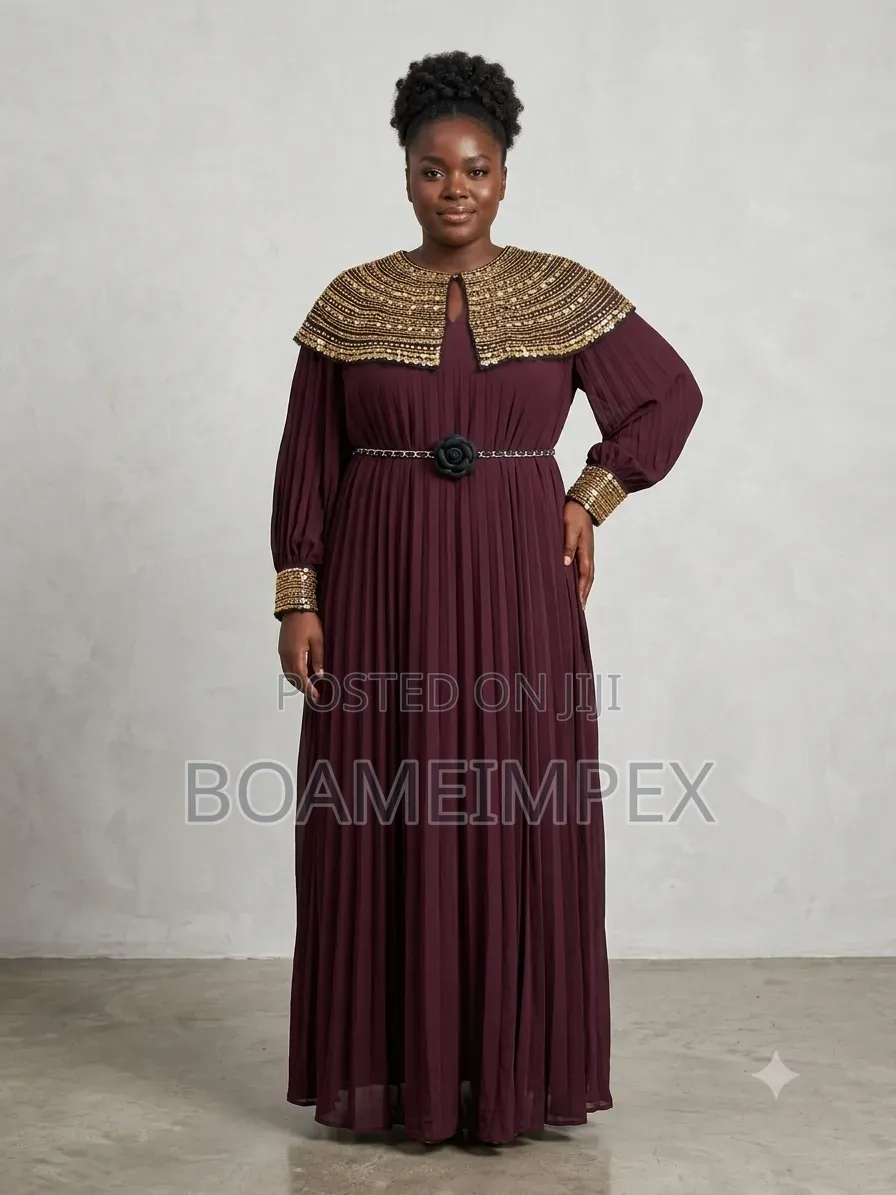 Elegance White/Wine Pleated Evening Gown With Beaded Collar
