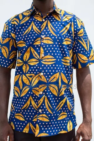 Men's Blue Gold African Print Short Sleeve Shirt - Batik Leaf