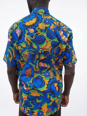 Men's Vibrant Floral African Print Short Sleeve Shirt - Blue/Gold