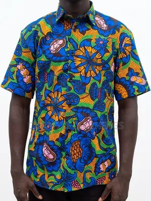 Men's Vibrant Floral African Print Short Sleeve Shirt - Blue/Gold