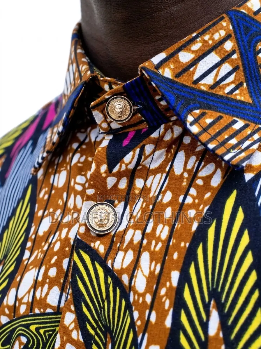 Men's Short Sleeve Batik Shirt - Brown, Blue Green Leaf