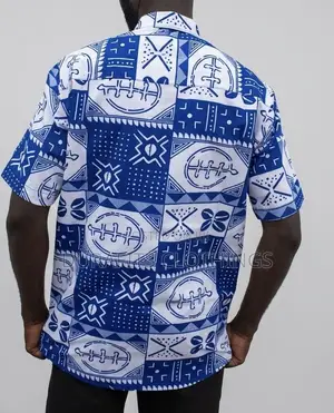 Men's Blue White African Adinkra Print Short Sleeve Shirt