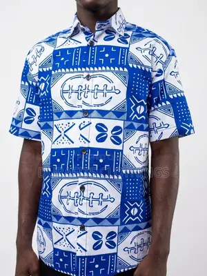 Men's Blue White African Adinkra Print Short Sleeve Shirt