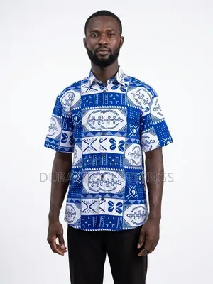 Men's Blue White African Adinkra Print Short Sleeve Shirt