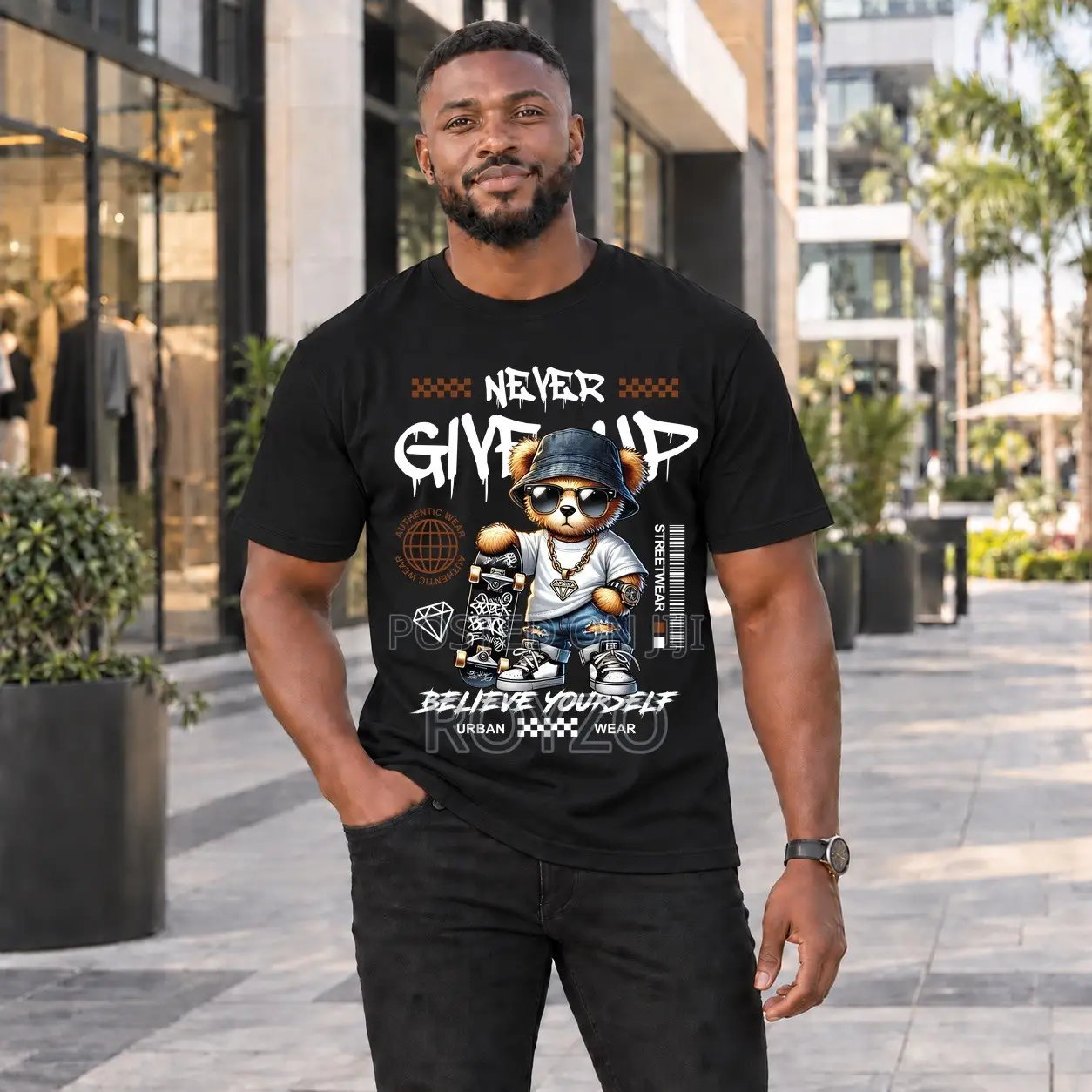100% Cotton, Bear Graphic Print T-Shirt, Men's T-Shirt, Short Sleeve