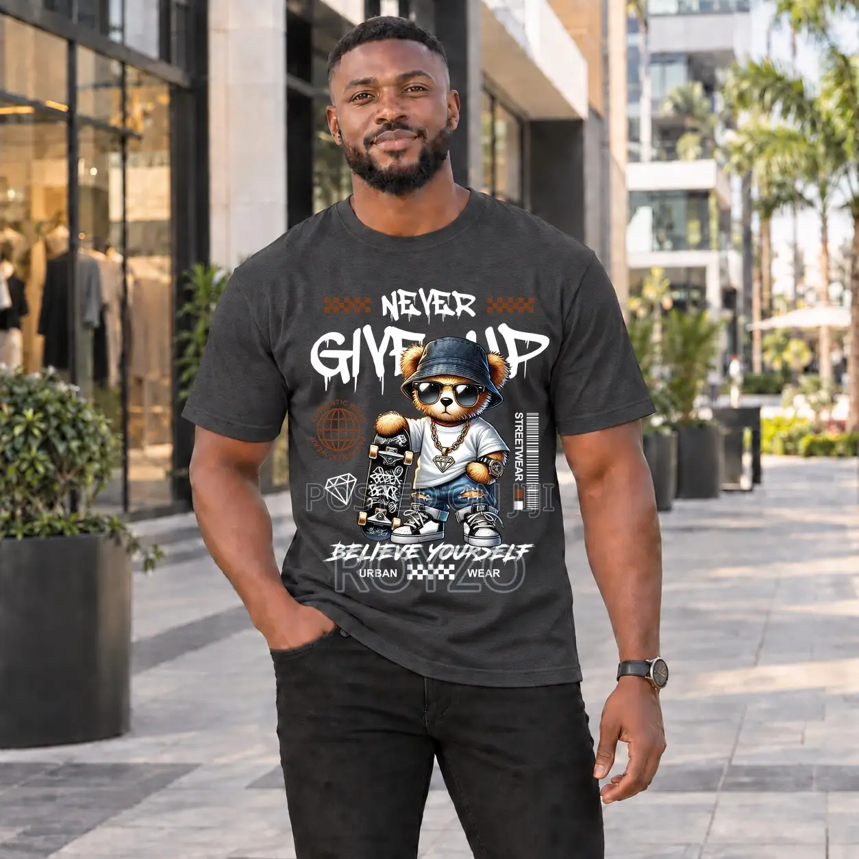 100% Cotton, Bear Graphic Print T-Shirt, Men's T-Shirt, Short Sleeve