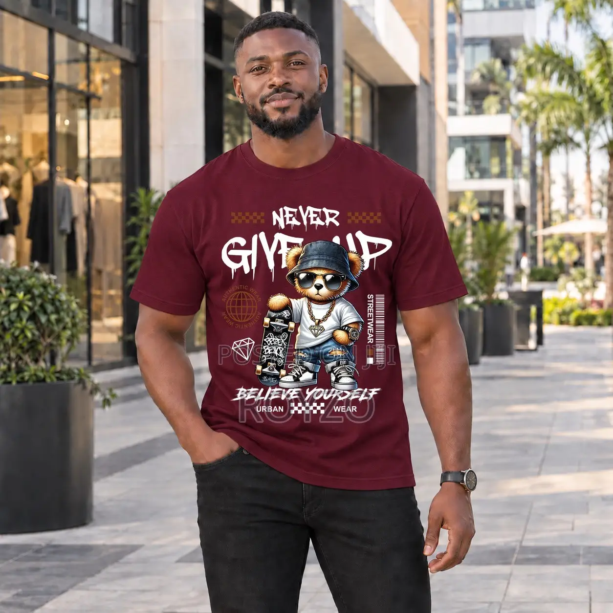 100% Cotton, Bear Graphic Print T-Shirt, Men's T-Shirt, Short Sleeve