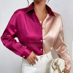 Satin Color-Block Mandarin Collar Blouse