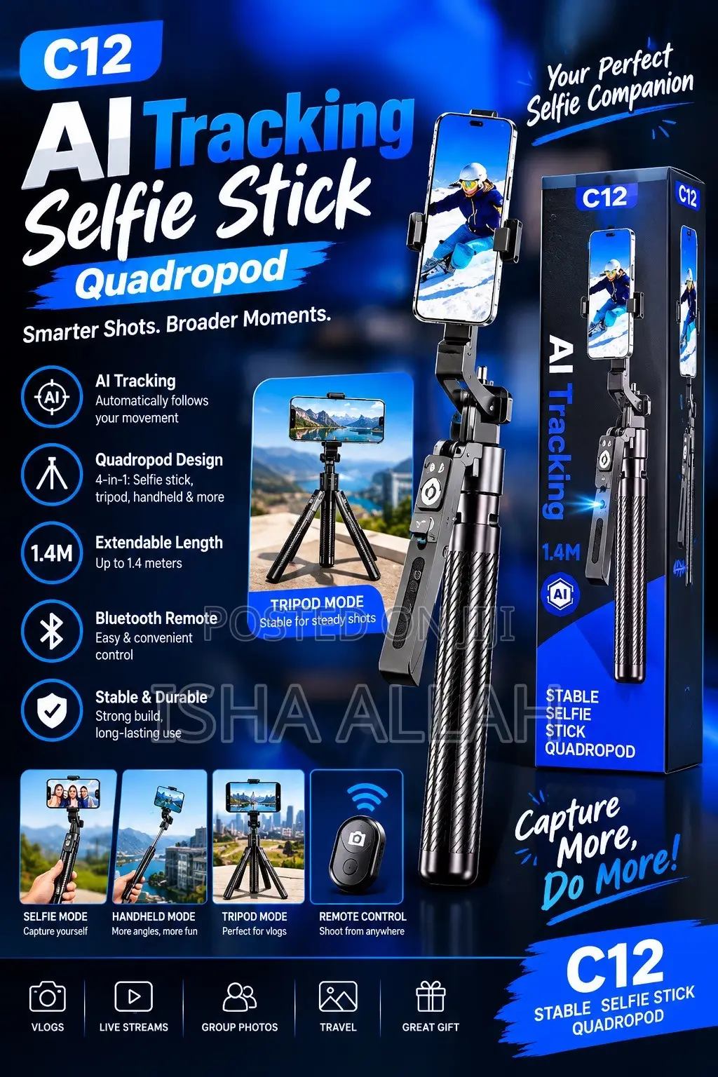 C12 AI Smart Tracking Selfie Stick Pro