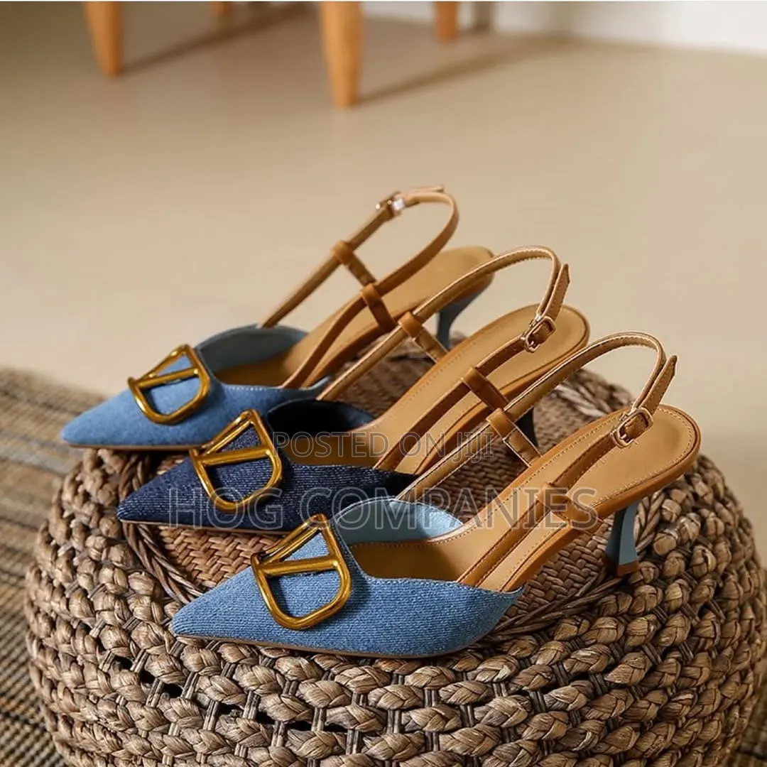 Ladies Denim Blue Kitten Pointed Toe Kitten Pumps Slingback Heels