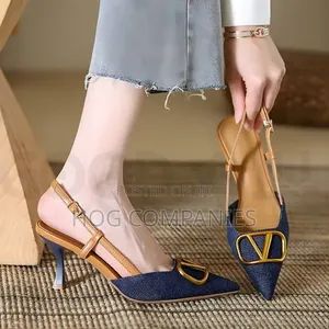 Ladies Denim Blue Kitten Pointed Toe Kitten Pumps Slingback Heels