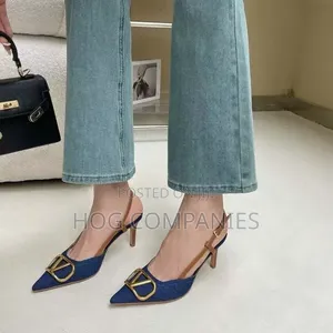 Ladies Denim Blue Kitten Pointed Toe Kitten Pumps Slingback Heels