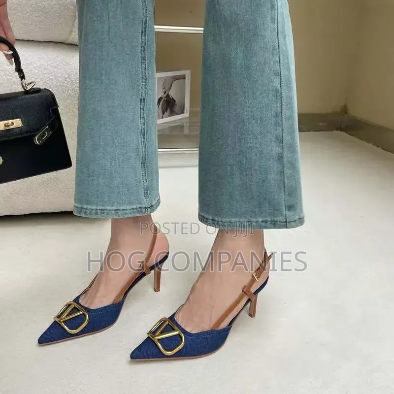 Ladies Denim Blue Kitten Pointed Toe Kitten Pumps Slingback Heels