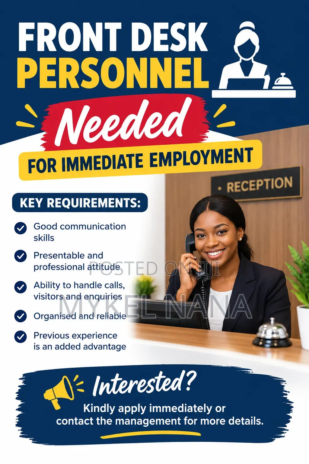 Female or Male Front Desk Needed