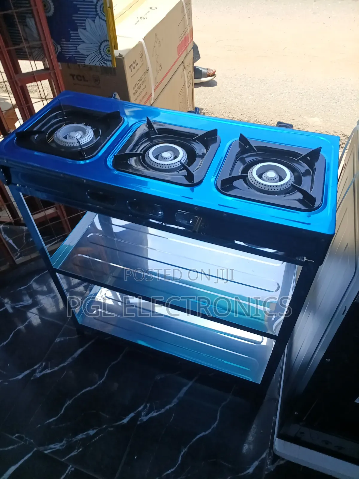 Nasco 3 Burner Gas Stove W/Stands and Shelves